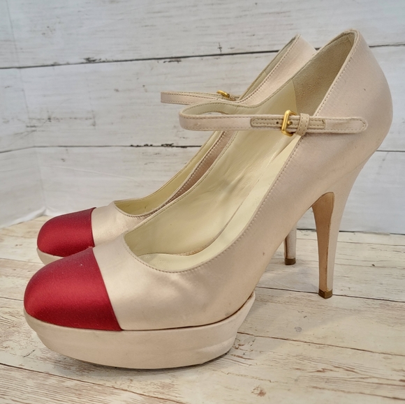 Miu Miu champagne satin platform Mary jane heels with scarlet captoe - Picture 14 of 15